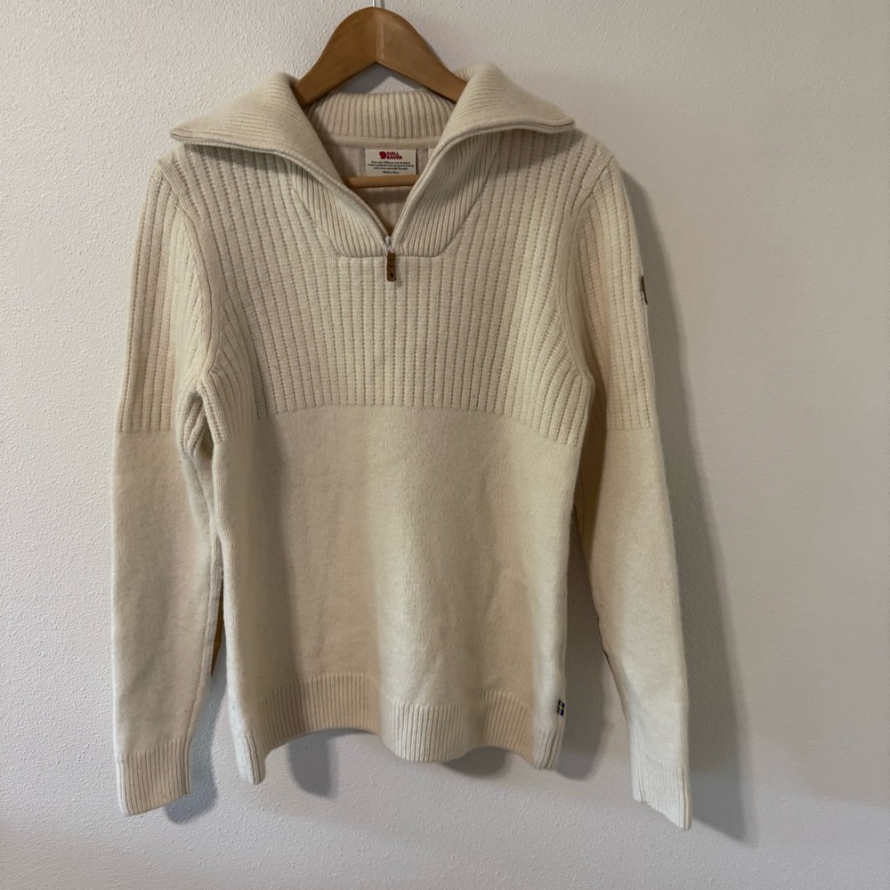 Fjällräven Övik Half Zip Knit Wool Sweater Chalk White Brown Elbow Patch-Small - Picture 2 of 12